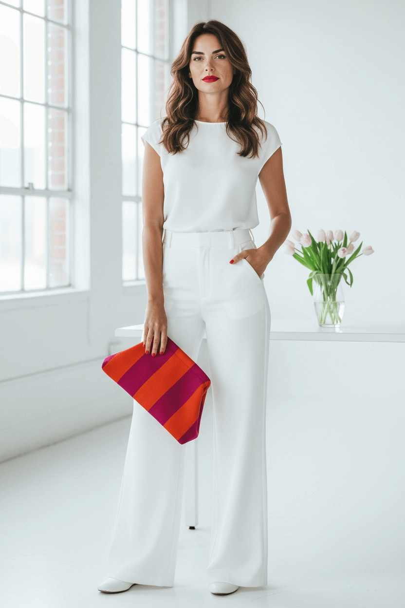 Frau in weißem Oberteil und weiter weißer Hose steht in einem hellen Raum und hält eine gestreifte Clutch in Pink und Orange in der Hand.