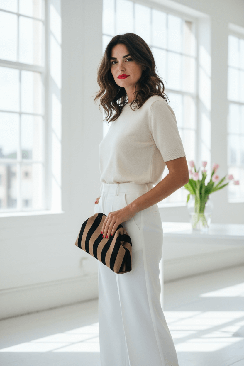 Frau in weißem Oberteil und weiter weißer Hose steht in einem hellen Raum und hält eine gestreifte Clutch in Beigeund Schwarze in der Hand.