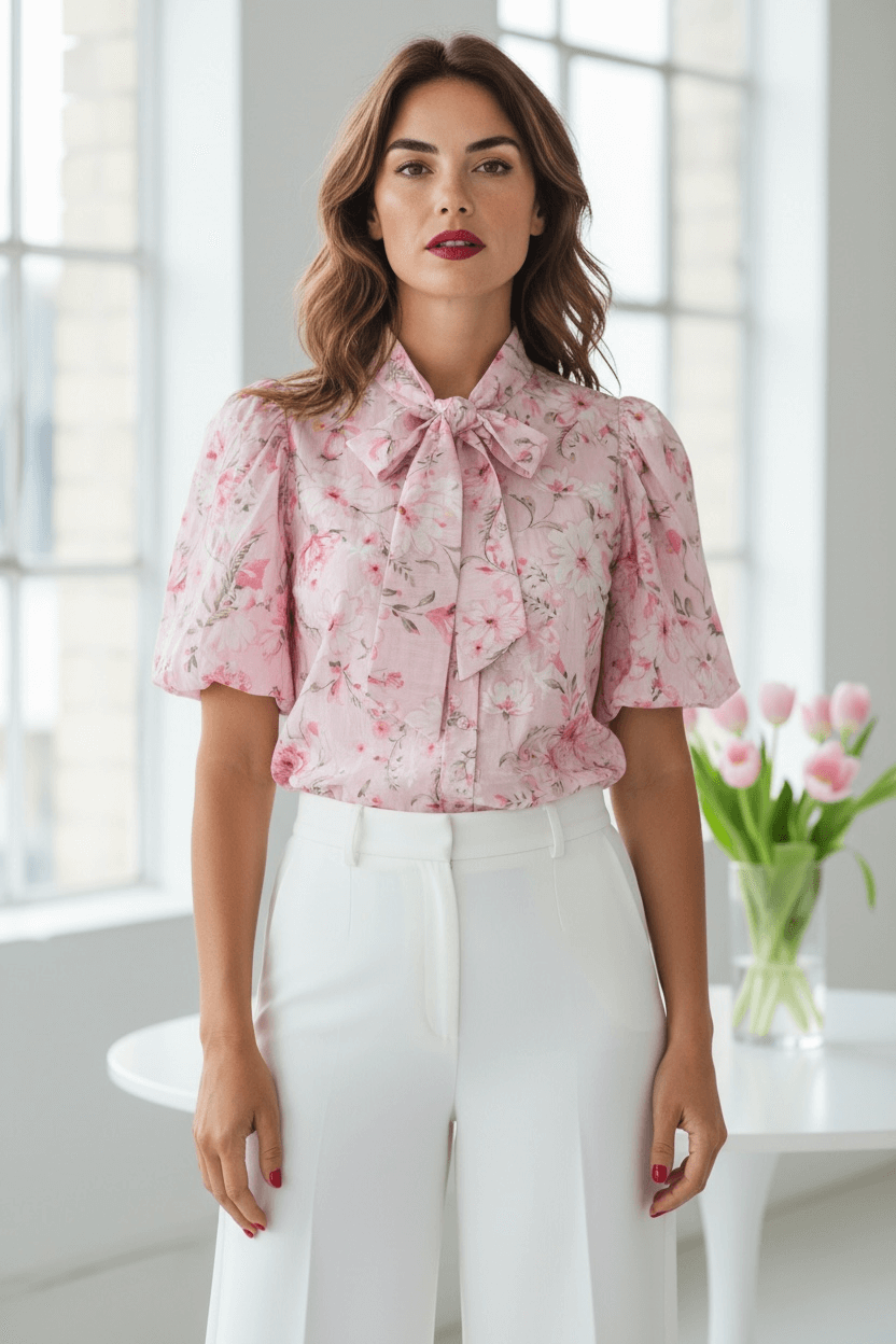 Frau trägt rosa Bluse mit Blumenmuster und Schleife am Kragen, kombiniert mit weißer Hose, in hellem Raum mit großen Fenstern und Tulpen auf einem Tisch.