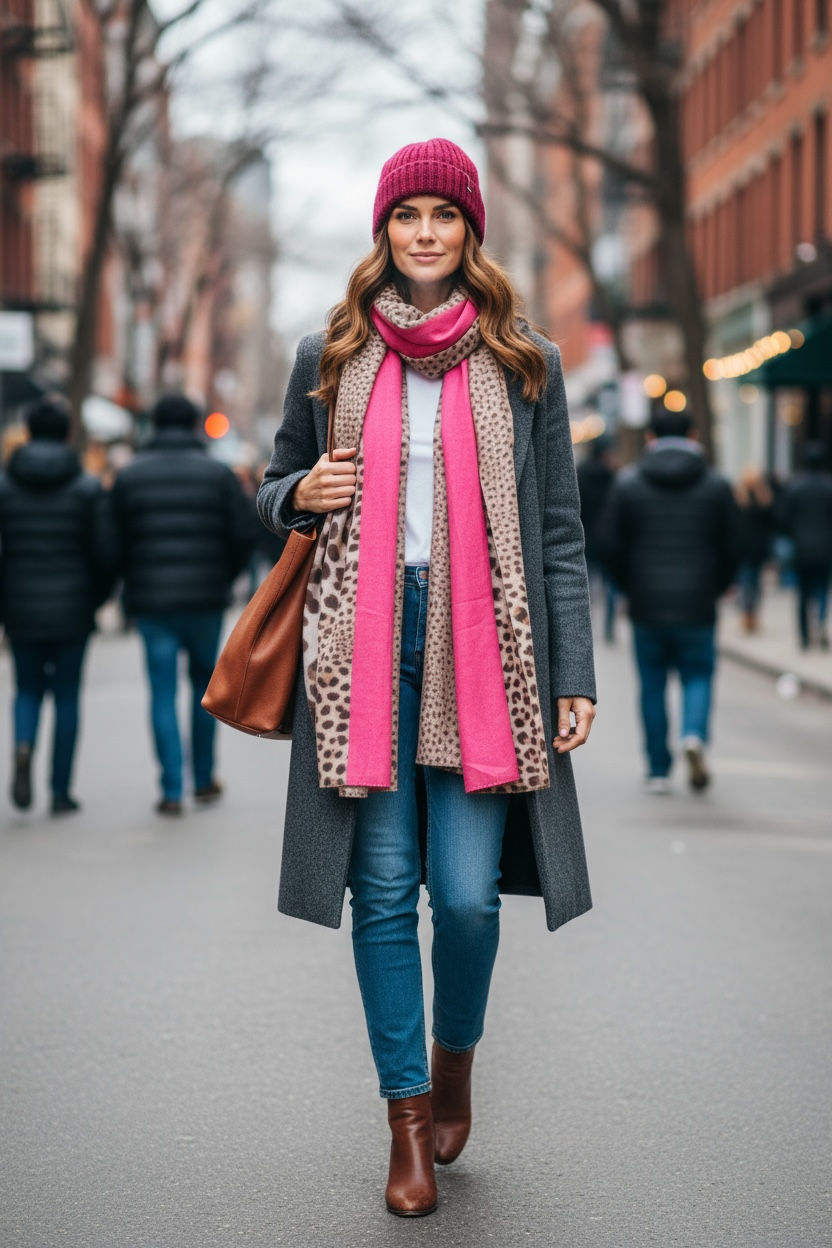 Eine Person trägt eine weiche Schal mit Leopardenmuster und pinken Akzenten. sowie eine pinke Mütze. Der Schal besteht aus reiner Viskose und ist Teil der Casapari Accessoires Kollektion.