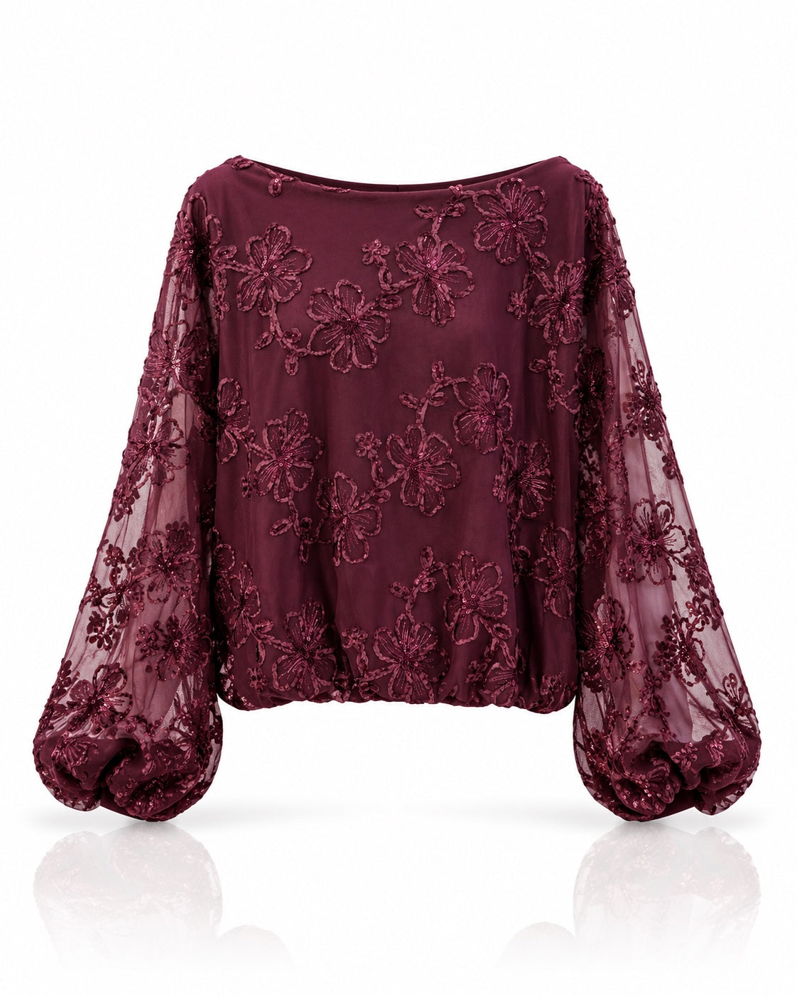 Freisteller Midnight Bloom Sequin Bluse Burgundy mit floraler Stickerei, Gummibund und weiten Ärmeln