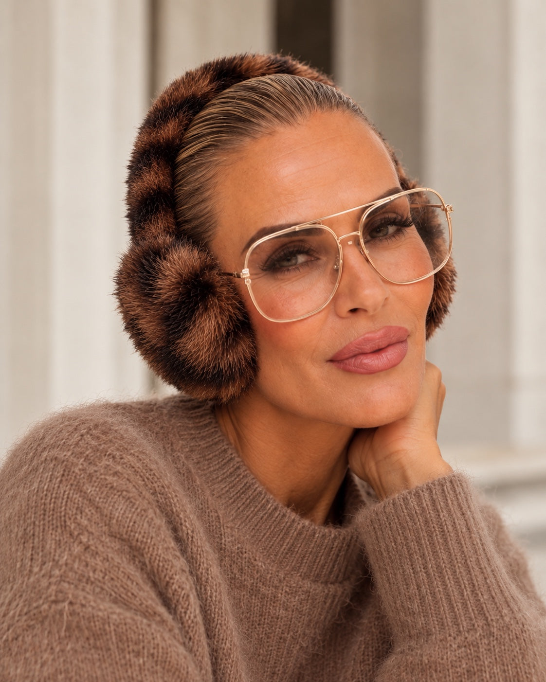 Model trägt braun melierte Fake-Fur-Ohrwärmer und hellbraunen Strickpullover