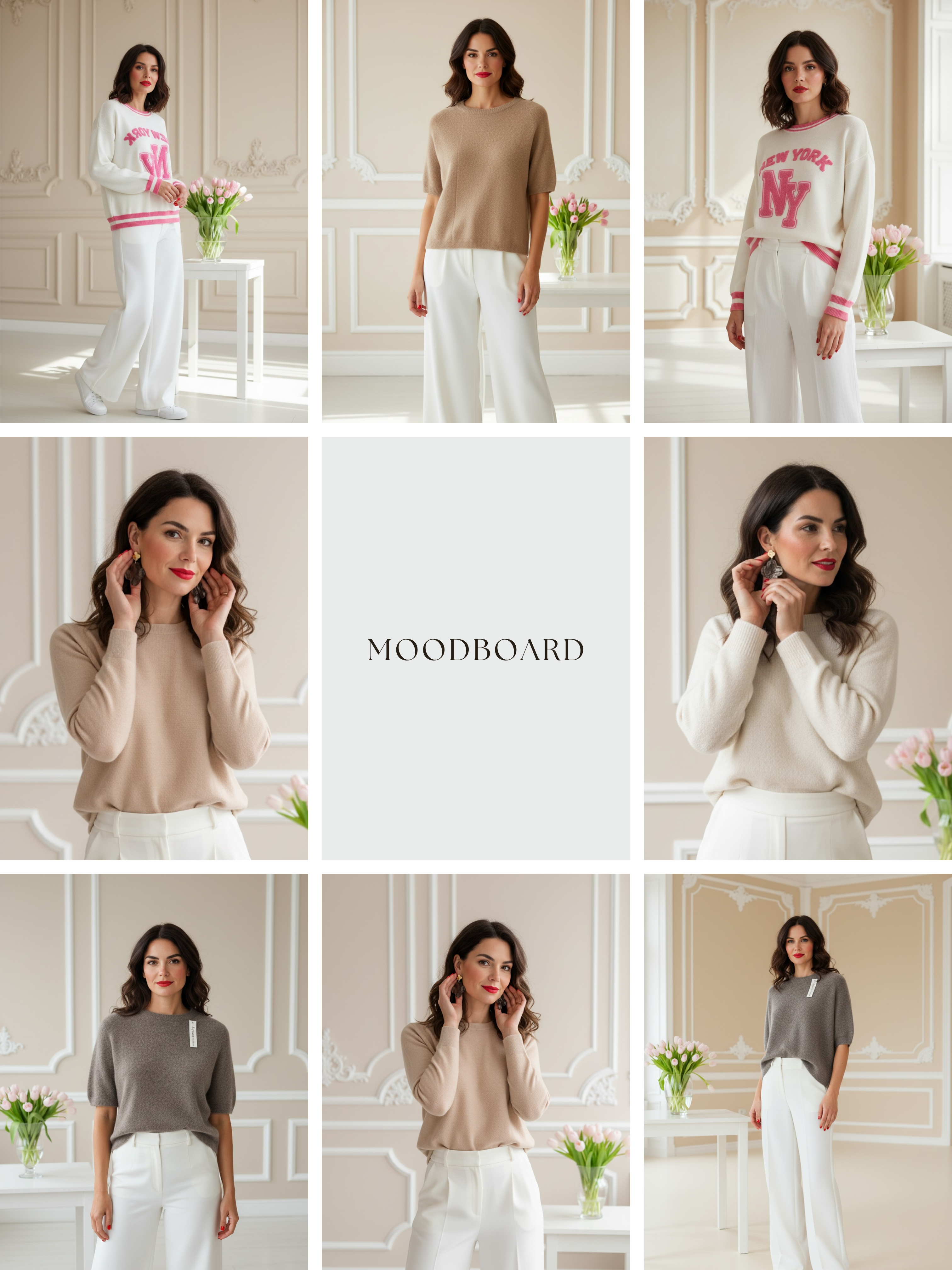 Moodboard  mit Frauen in heller Mode in neutralem Raum.