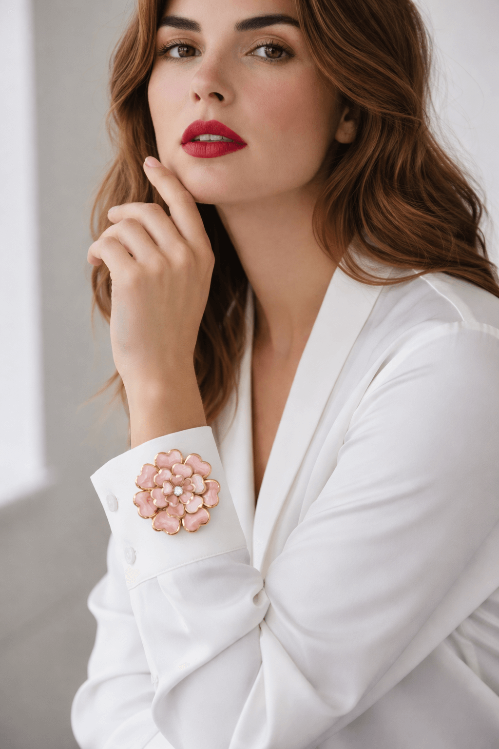 Porträt einer Frau mit langen braunen Haaren und rotem Lippenstift, die eine weiße Bluse trägt. Am Ärmel ist eine rosafarbene, blütenförmige Schmuckbrosche mit goldfarbener Fassung befestigt.