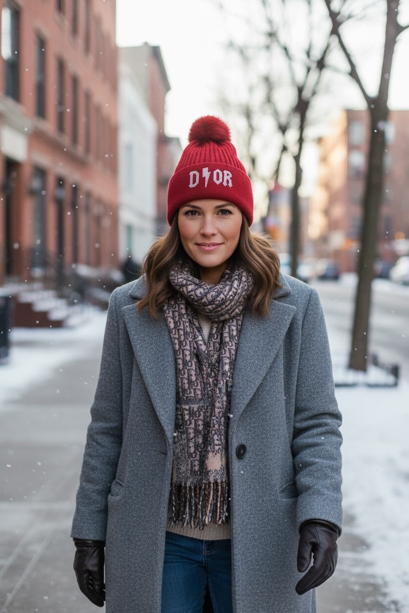 Beanie Burgundy Sparkle Strickmütze mit Strass & Kunstfell Bommel