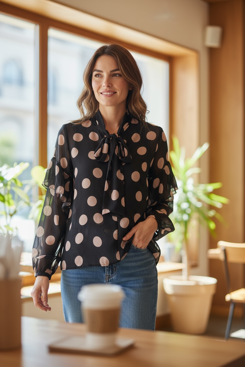 Frau trägt leichte Bluse in Dunkelgrau Rosé mit feinem Pünktchen Muster, Schleife am Hals und zarten Ballonärmeln, aus fließender Viskose. 