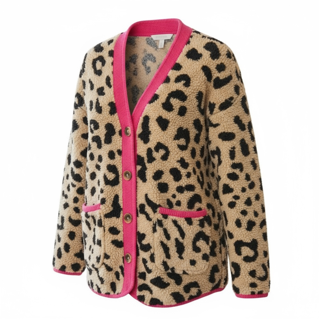 Beige Teddyjacke mit schwarzem Leopardenmuster, pinken Rändern, Knopfleiste und zwei Taschen.