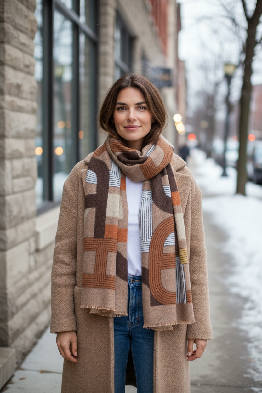 Frau trägt einen weichen Jacquard Schal in Camel, Toffee und Creme Tönen über beigen Mantel und Jeans auf einer winterlichen Straße.