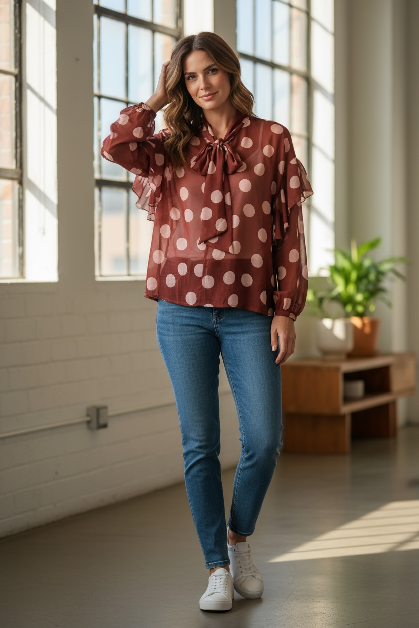 Leichte Bluse in Toffee-Rosé mit feinem Pünktchenmuster, Schleife am Hals und zarten Ballonärmeln, aus fließender Viskose.