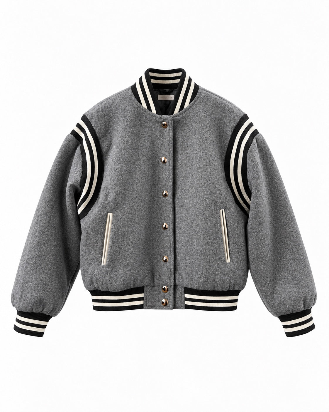 Collegejacke Grau mit Streifen und Druckknöpfen, Produktansicht