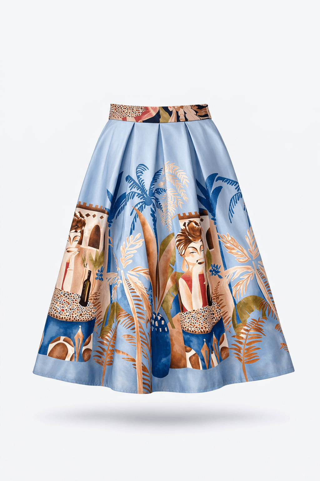 Plissierter Midi-Rock in Blau mit künstlerischem Motivdruck und gemustertem Bund, freigestellt vor weißem Hintergrund.