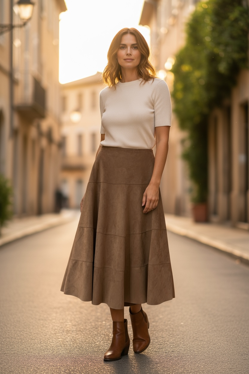 Eine Frau stehet auf der Straße im Abendlicht. Sie trögt einen kurzarm Pullover mit einen A Linien Rock in beige. Häuser im Hintergrund beleuchtet.