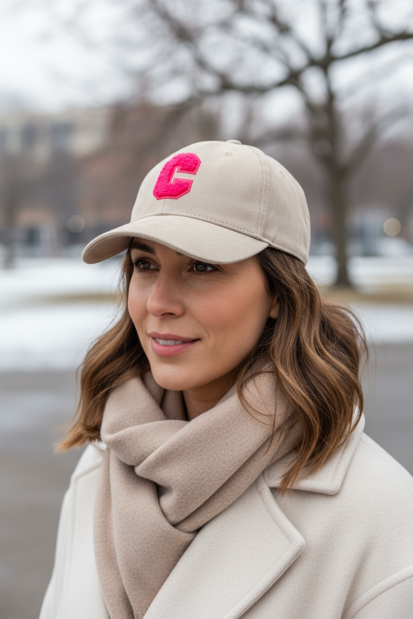 Frau trägt beige mit Mütze mit pinken Zeh hat lange braune Haare trägt einen beigen Schal und helle Jacke.