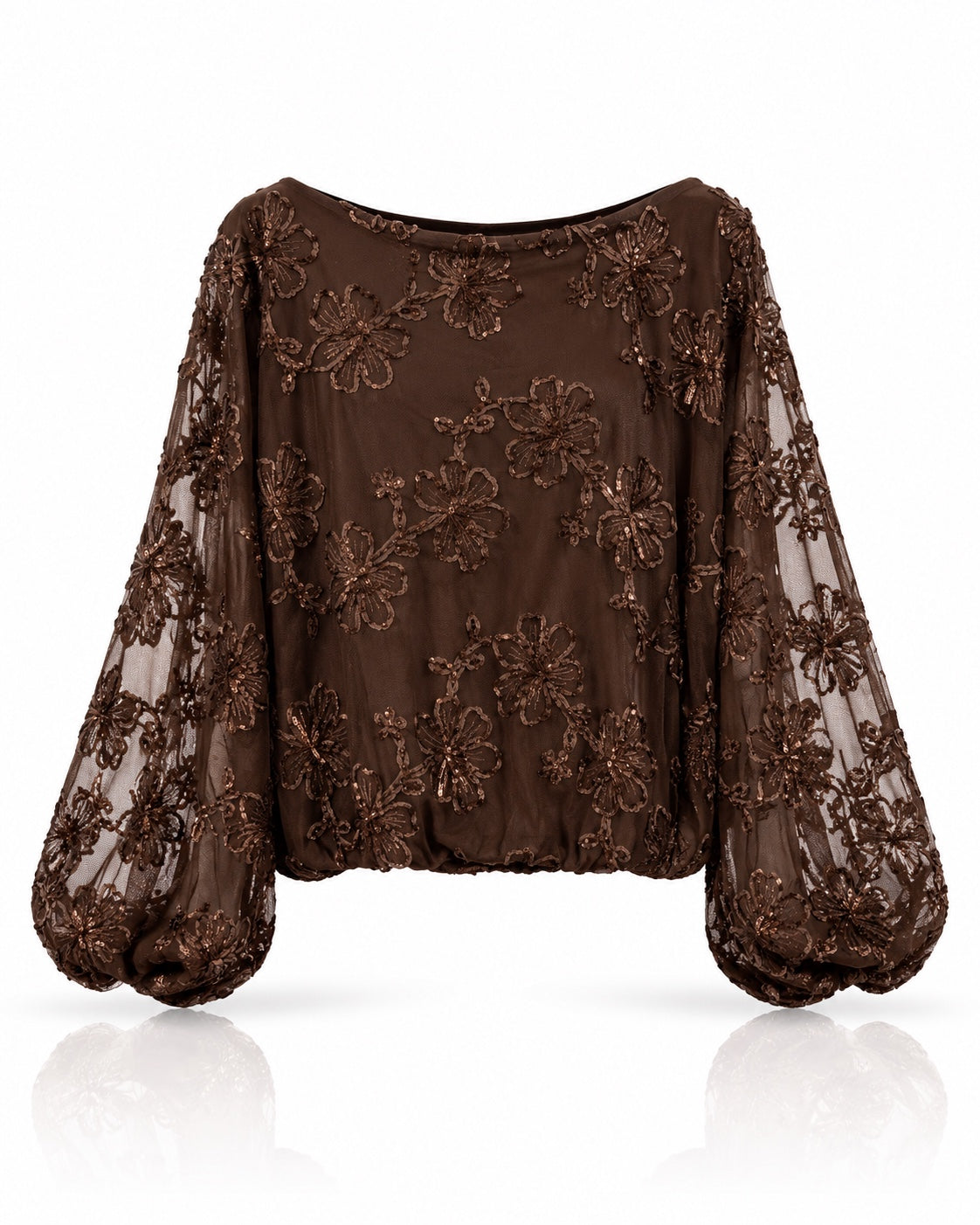 Freisteller Midnight Bloom Bluse Chocolate Brown mit Paillettenstickerei, Gummibund und weiten Ärmeln