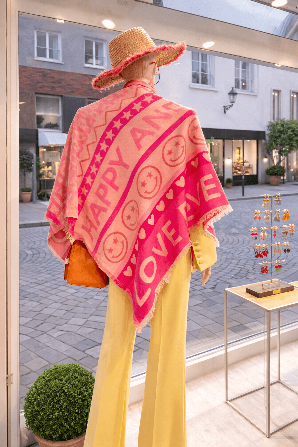 Schaufensterpuppe in einem Geschäft trägt einen pink-rosafarbenen Poncho mit Schriftzug „HAPPY AND LOVE“, gelber Hose, Strohhut mit pinkem Rand und Sonnenbrille. Im Hintergrund ist eine gepflasterte Straße mit Gebäuden und Schaufenstern sichtbar.