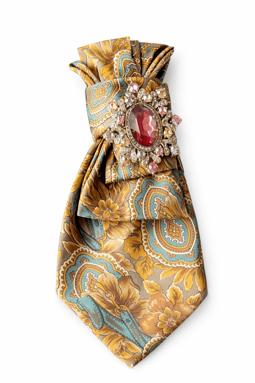 Seidenkrawatte mit floralem und ornamentalem Muster in Beige, Braun, Türkis und Goldtönen, dekorativ gefaltet.
In der Mitte sitzt eine goldfarbene Brosche mit großem rotem Stein und kleinen roséfarbenen und klaren Steinen.