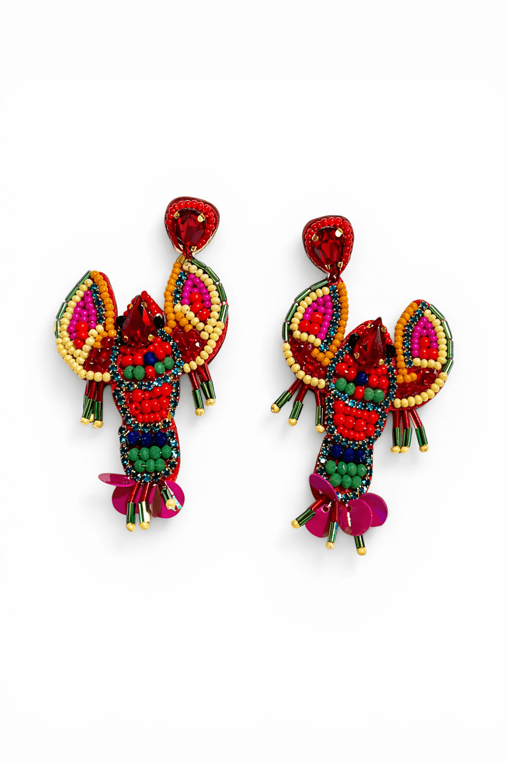 Bunt gestaltete Statement-Ohrringe in Hummerform mit roten, grünen, gelben und pinken Perlen sowie facettierten Steinen, frontal auf hellem Hintergrund dargestellt.
