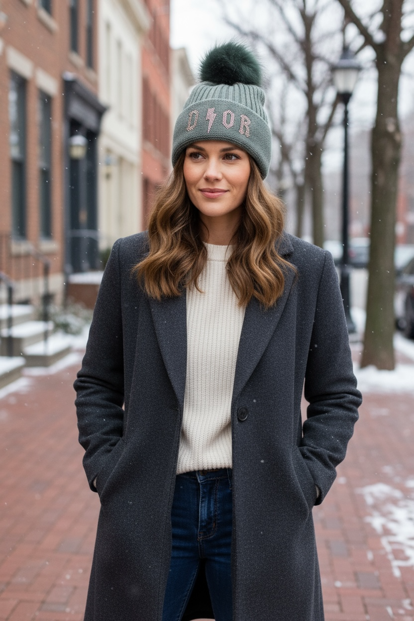 Frau steht auf einer winterlichen Strass zwischen Häuser. Sie eine grauen Mantel, einen cremefarbenen Pullover, eine blaue Strickmütze, mit Bommel und Schriftzug. Im Hintergrund Bäume und parkende Autos.