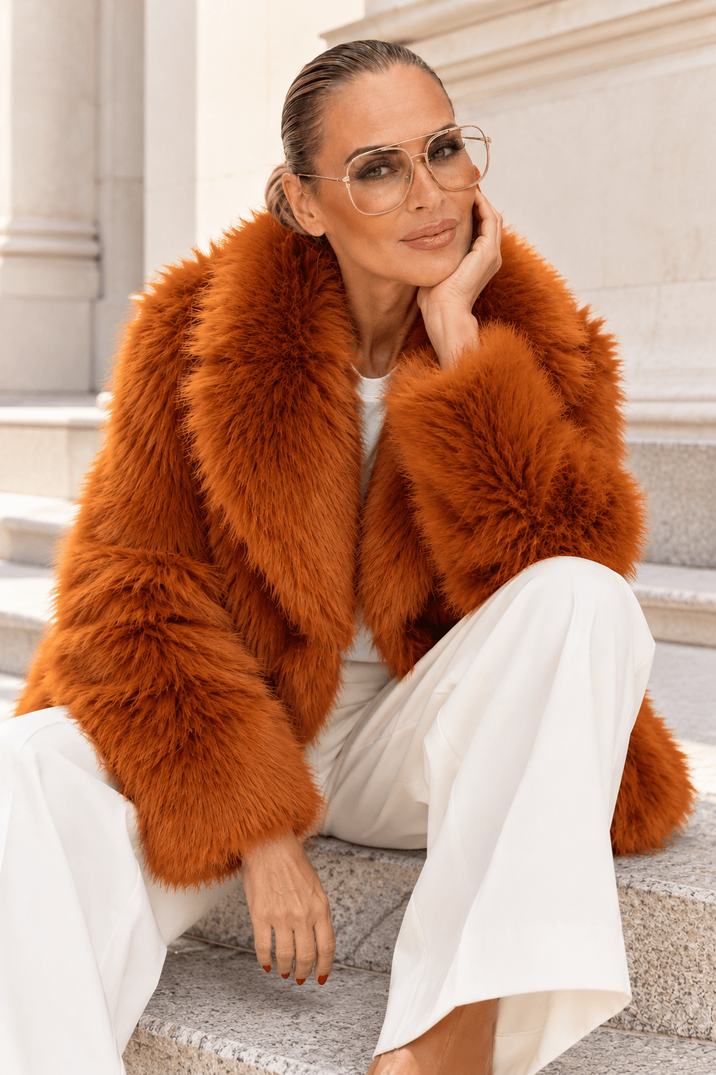 Fluffy Fake Fur Jacket Orange Rost