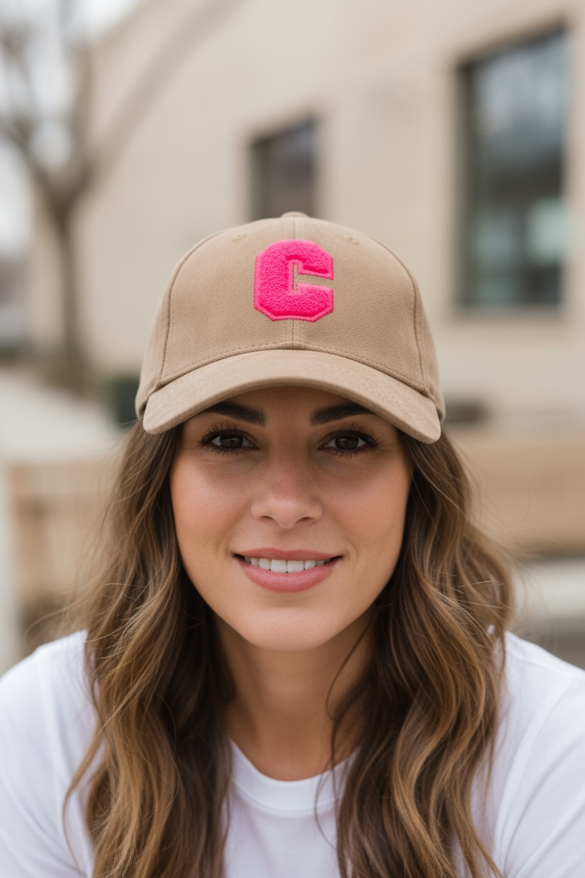 Frau trägt Beigemütze mit einem pinken Zeh, hat lange braune Haare und trägt ein weißes T-Shirt.