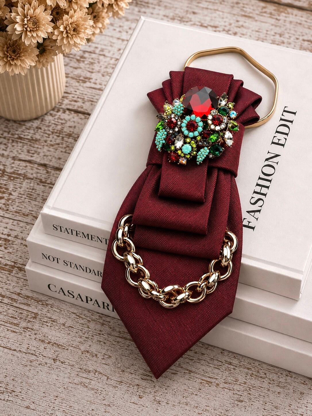 Bordeaux Krawatte mit goldener Kette, Brosche und Halskette. Auf Büchern dekoriert 