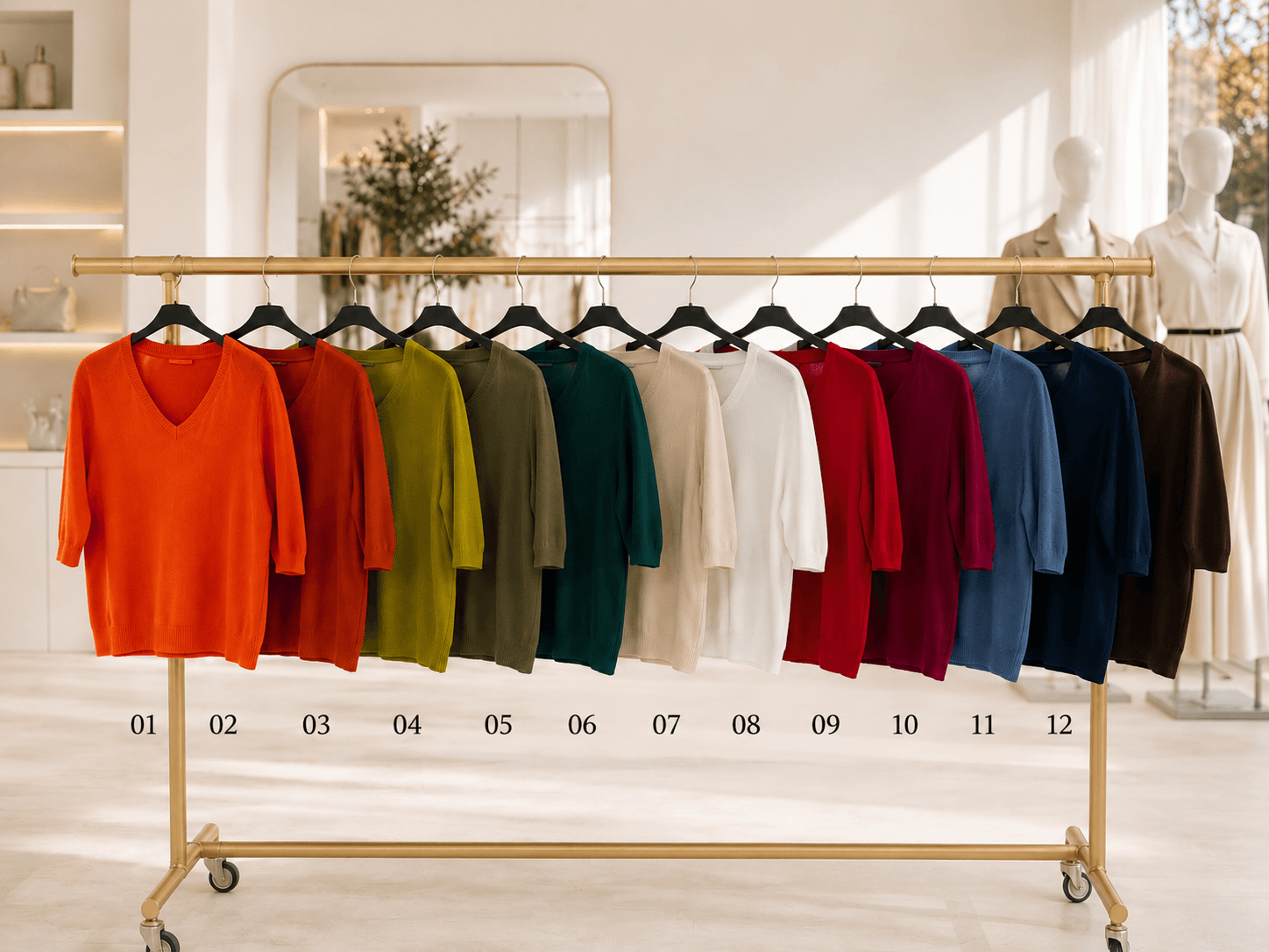 Milano Pullover mit V-Ausschnitt und Halbarm aus weichem Viskose-Mix in verschiedenen Farben auf einer champagnerfarbenen Kleiderstange in einer hellen Boutique präsentiert.