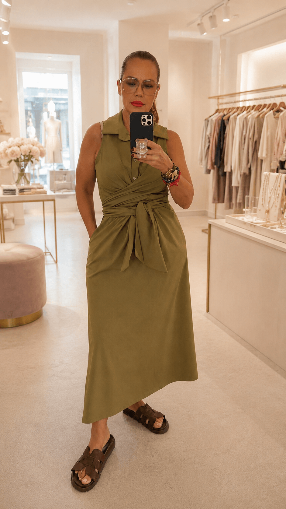 Frau trägt ein Olivefarbendes wickelkleid steht in einem Boutique und macht Selfie.