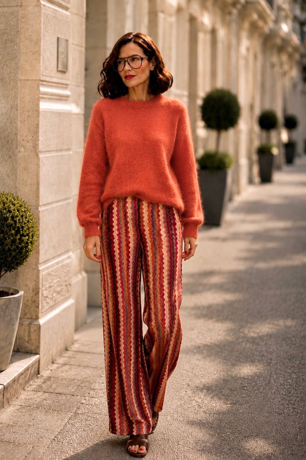 Model trägt das Amber Set mit Milano Kid Mohair Pullover in Amber und Monaco Pant in Powder Rose mit grafischem Muster.