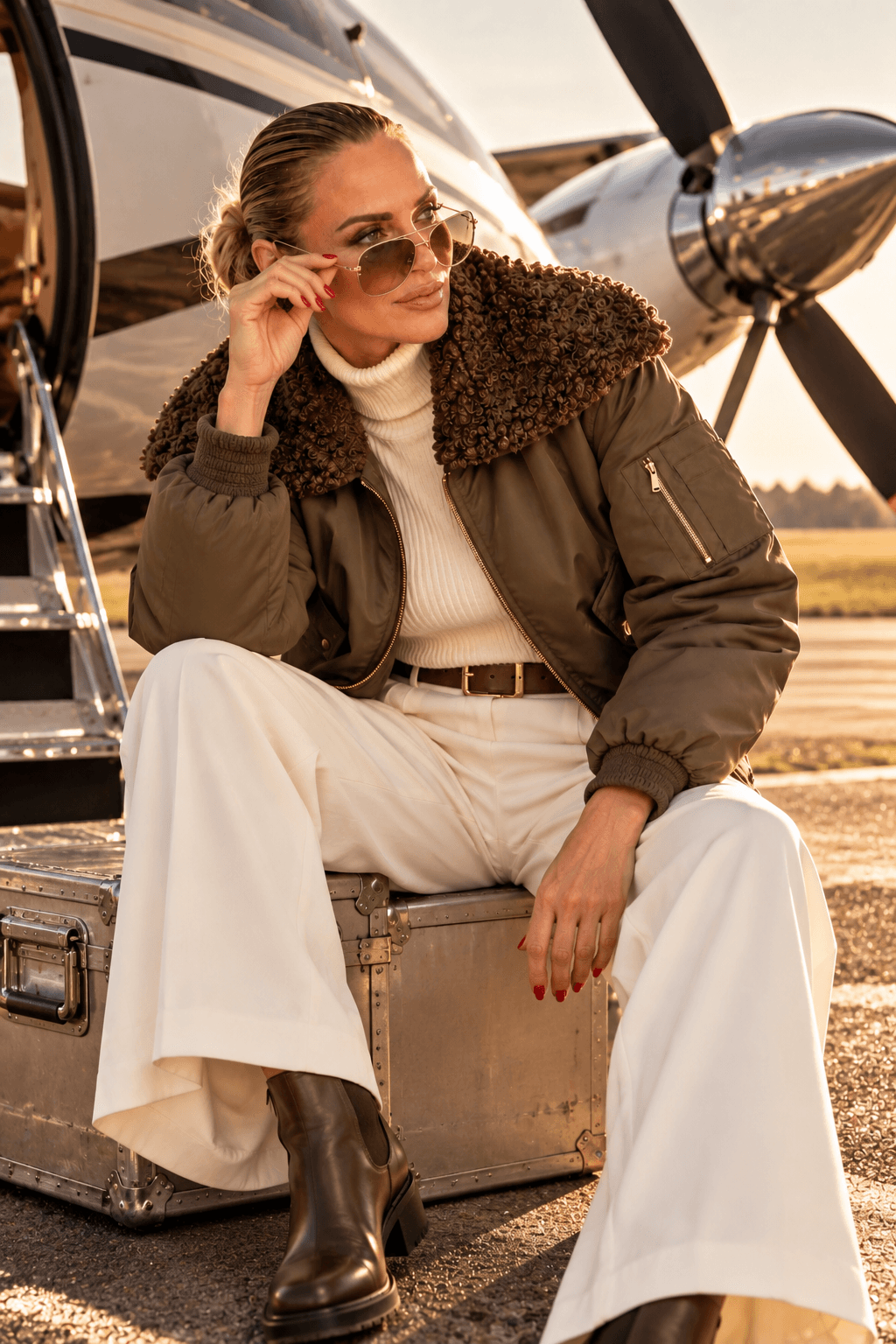 Frau trägt eine olivfarbene Aviator Bomber Jacket mit abnehmbarem Kragen in Lammfell-Optik, weißer Marlenehose und Rollkragenpullover.