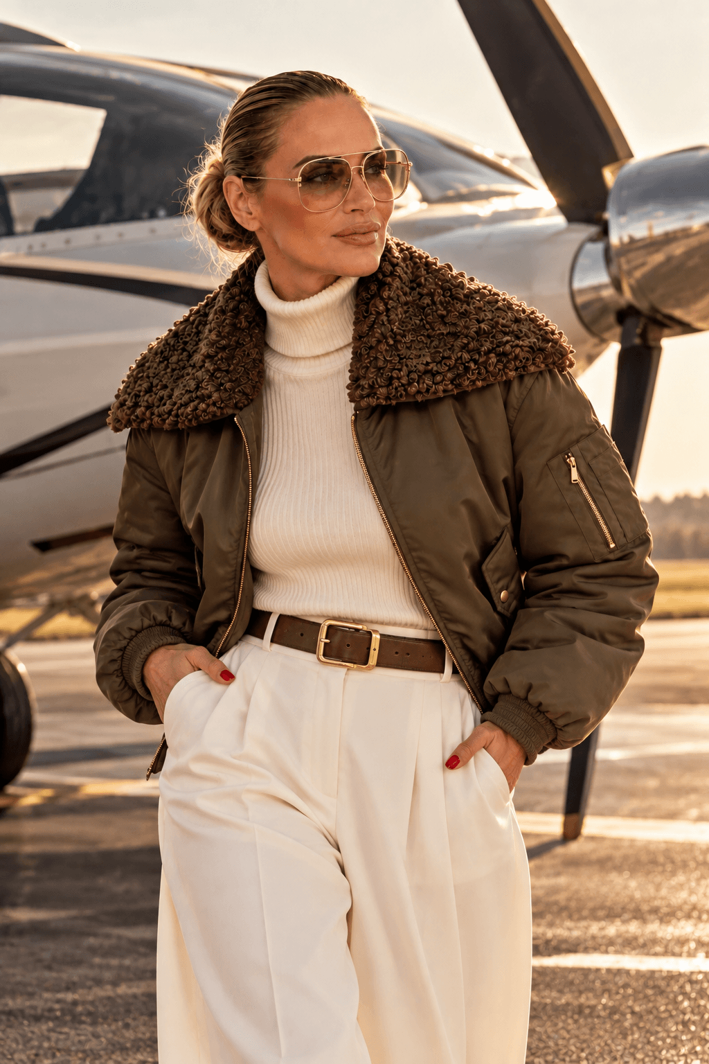 Braune Aviator Bomber Jacket mit abnehmbarem flauschigem Kragen in Lammfell-Optik, Reißverschluss und seitlichen Taschen.
