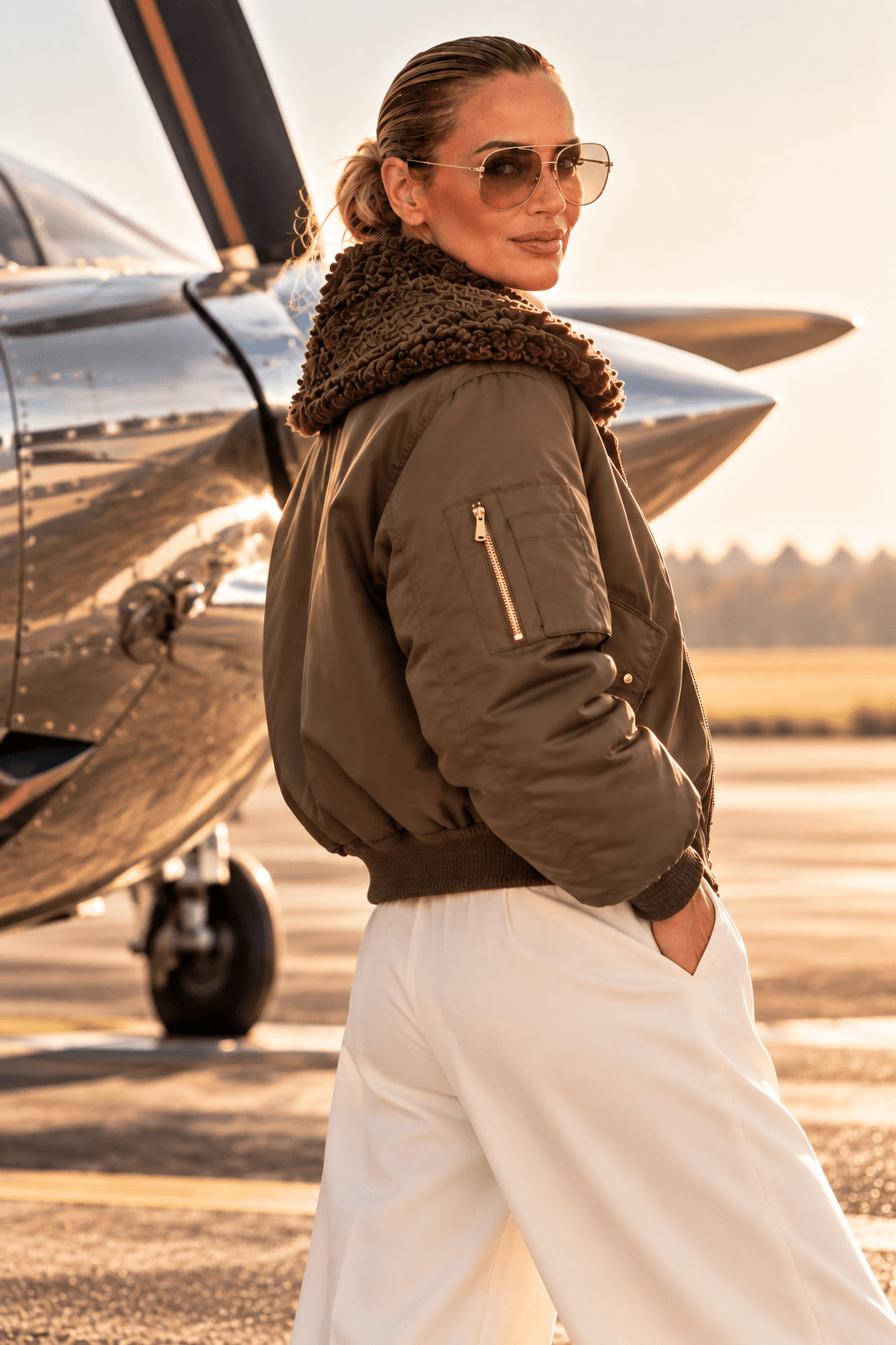 Braune Aviator Bomber Jacket für Damen in der Seiten- und Rückenansicht mit flauschigem Kragen in Lammfell-Optik und Ärmeltasche.