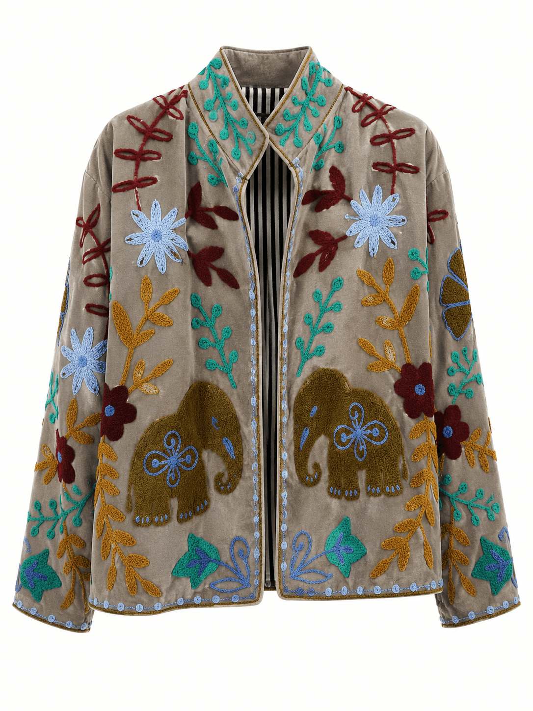 Bestickte Jacke auf hellem Hintergrund mit floralen Mustern, Blättern und Elefantenmotiven in mehreren Farben, frontal dargestellt.