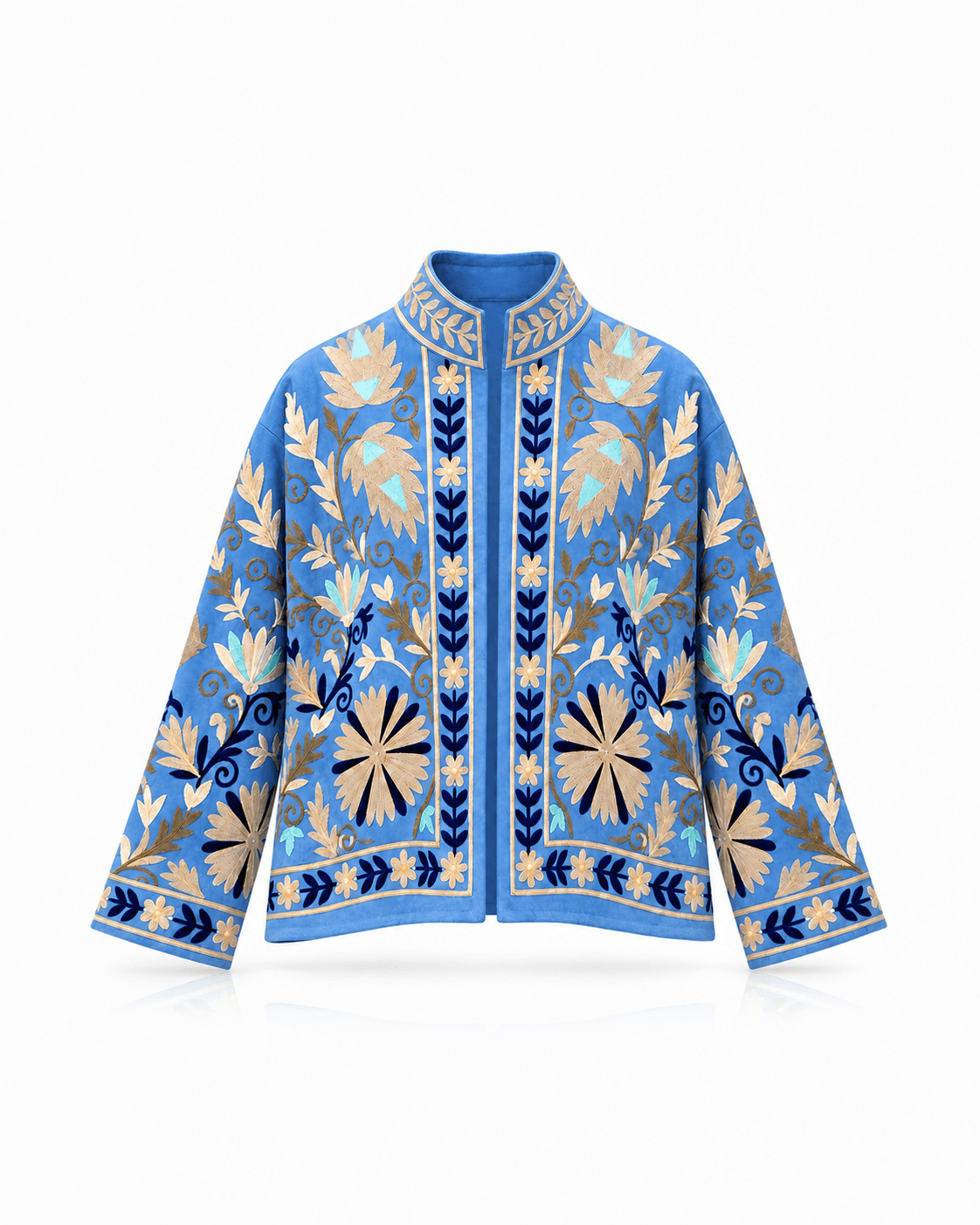 Bestickte blaue, mit cremefarbenen Mustern auf einem hinteren Foto für eine Jacke
