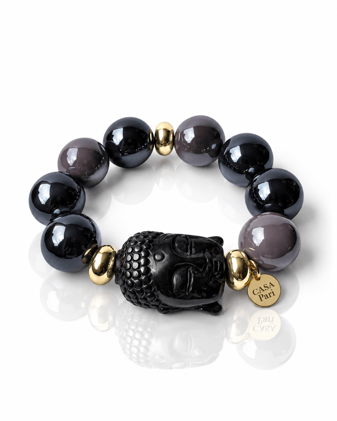 Buddha Solo Onyx Smoke Armband mit schwarzem Onyx-Buddha, großen Resinperlen in Schwarz und Rauchgrau und goldfarbenen Details