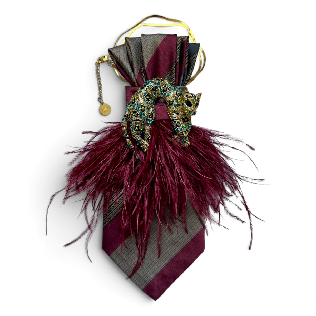 Burgundy Wildcat Vintage-Krawatte in Bordeauxrot mit Streifen, Federn und goldfarbener Leopardenbrosche