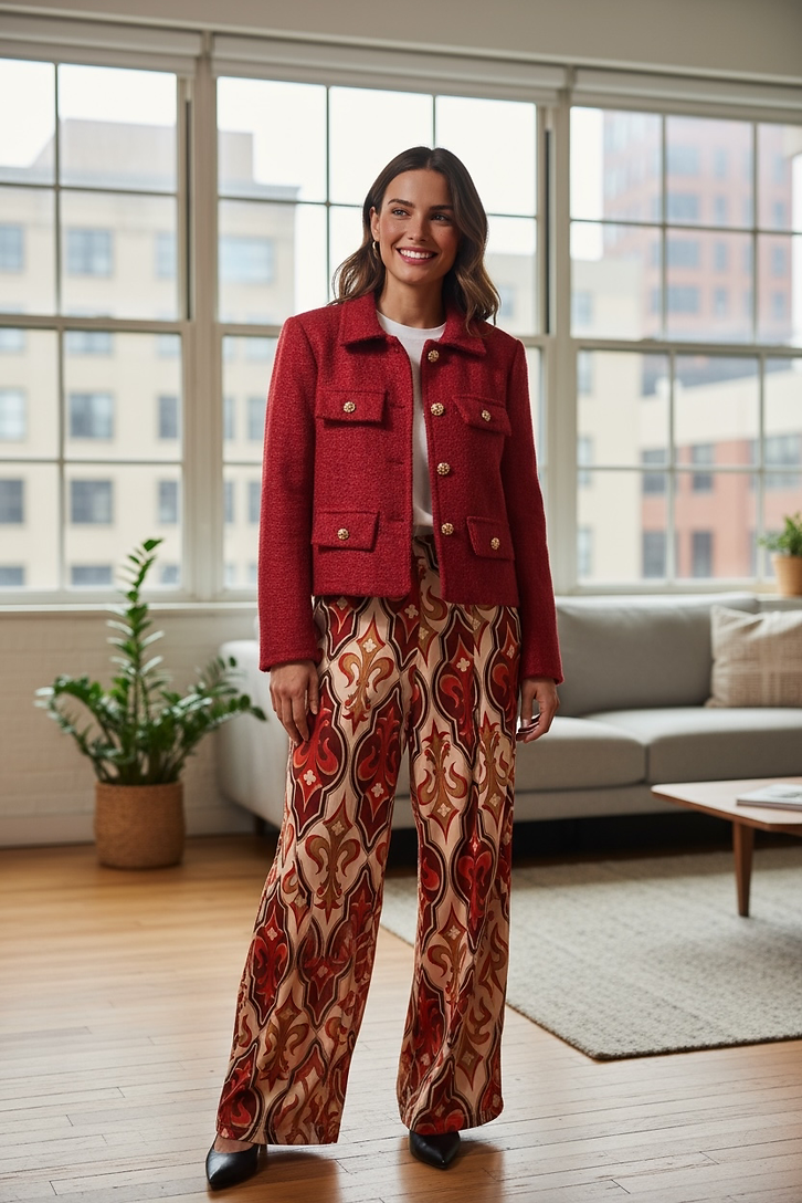 Frau trägt Jacke in Burgundy mit goldenen Knöpfen. Bunt gemusterte Hose und schwarze Pumps, in einem hellen Zimmer mit Möbeln.