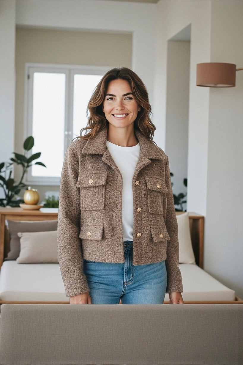 Frau trägt Jacke in Taupe mit goldenen Knöpfen und Jeanshose dazu.