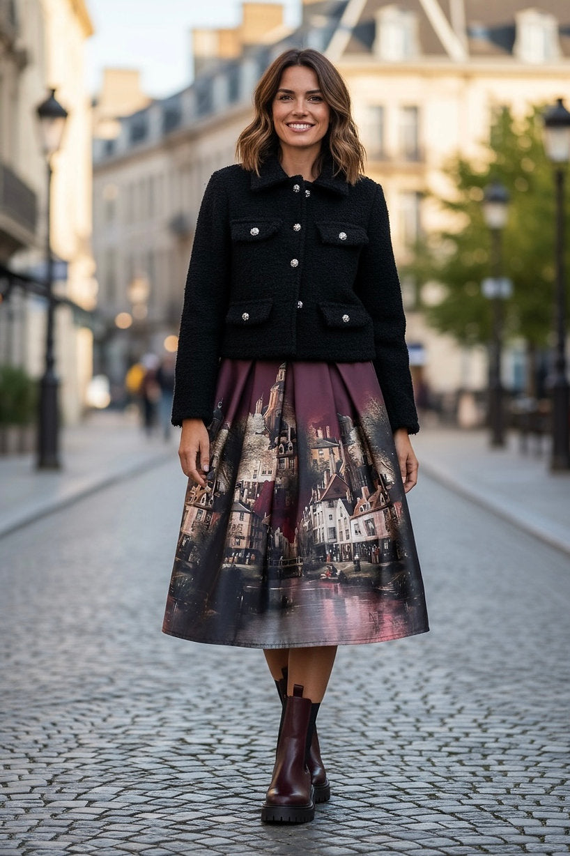 Frau trägt schwarze Jacke mit goldenen Knöpfen. Dazu ein roter Rock mit City Print, dazu rote Boots.