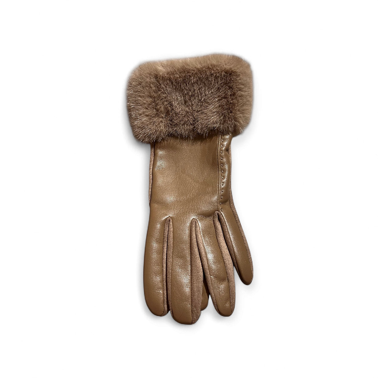 Kunstleder Handschuhe in Taupe mit Kunstfell auf weißen Hintergrund fotografiert.