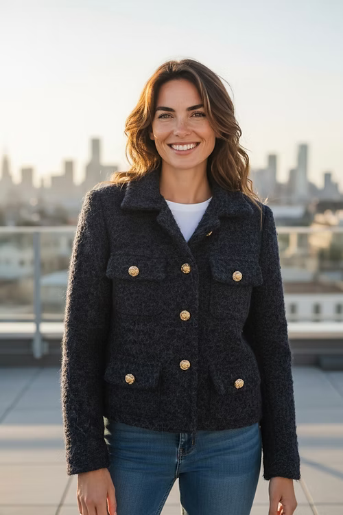 Frau trägt dunkelblaue Jacke mit goldenen Knöpfen. Dazu ein weißes Shirt mit Jeans Hose. Auf einem Balkon stehend.