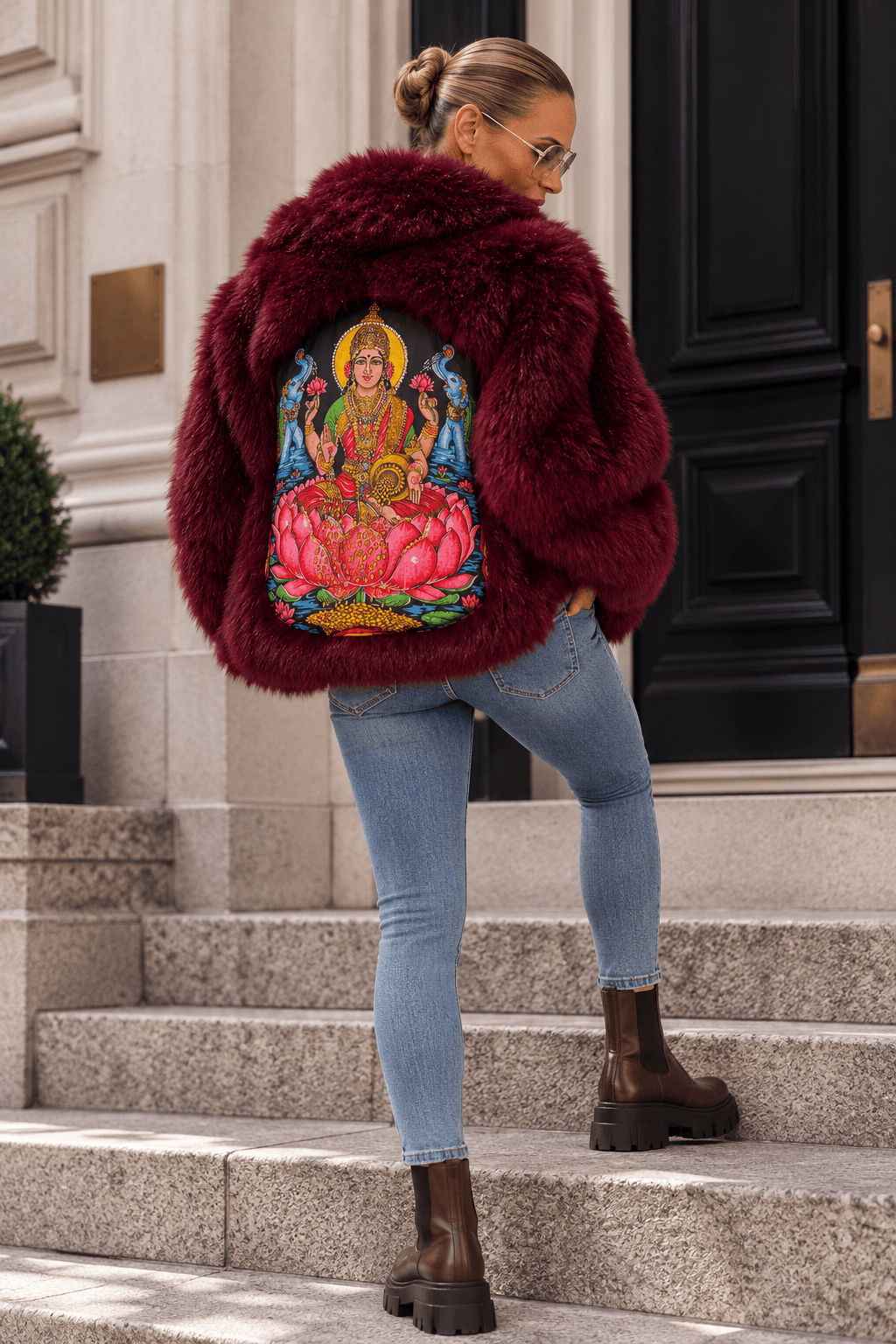 Frau trägt die bordeauxrote CASA Pari Fluffy Jacket mit farbigem Rückenmotiv, Skinny Jeans und braunen Chelsea Boots auf einer Steintreppe.