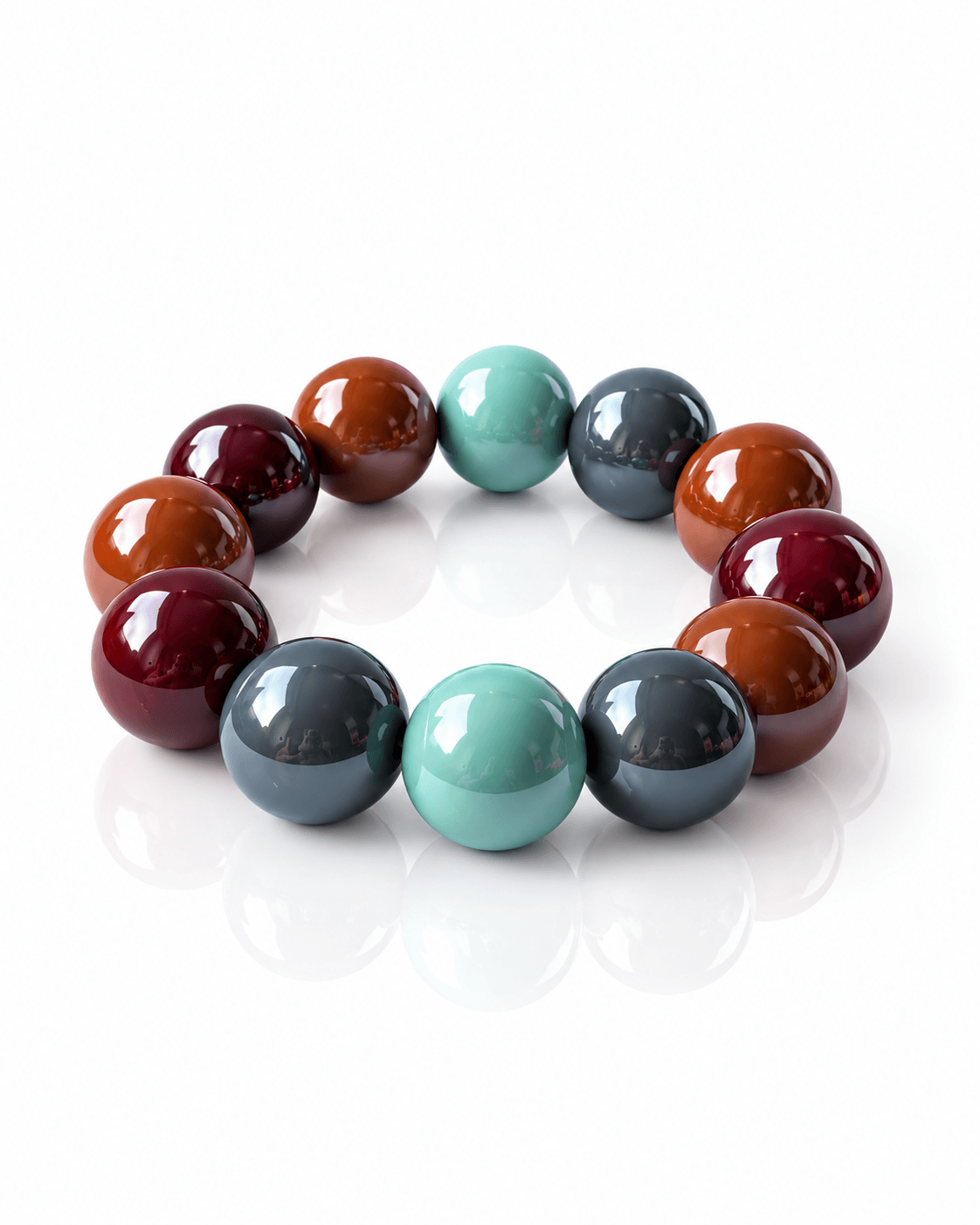 Elastisches THE GLOSSY Lagoon Cognac Armband von CASA Pari mit großen glänzenden Resin-Perlen in Türkis, Cognac, Bordeaux und Rauchgrau.