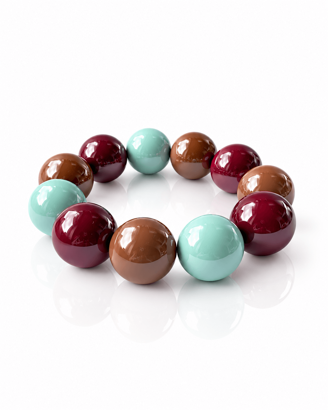 Elastisches THE GLOSSY Riviera Cognac Armband von CASA Pari mit großen glänzenden Resin-Perlen in Türkis, Bordeaux und Cognac.