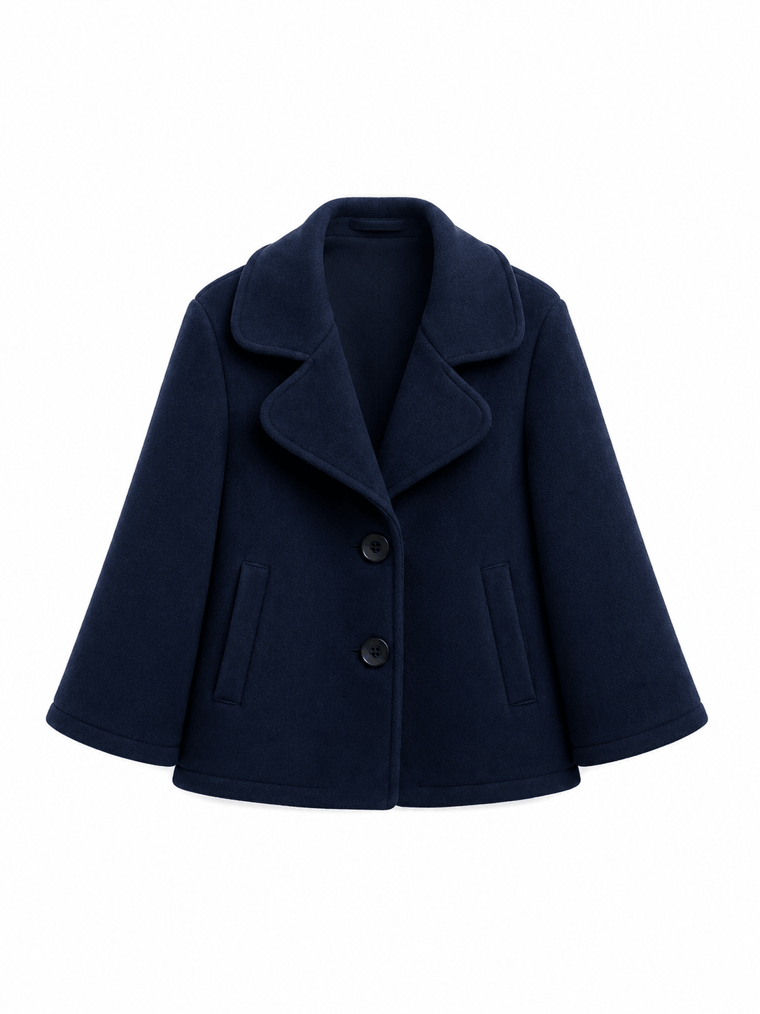 Blaue CASAPARI Audrey Jacket in leichter A-Linie mit verkürzten Ärmeln und seitlichen Taschen, Vorderansicht.