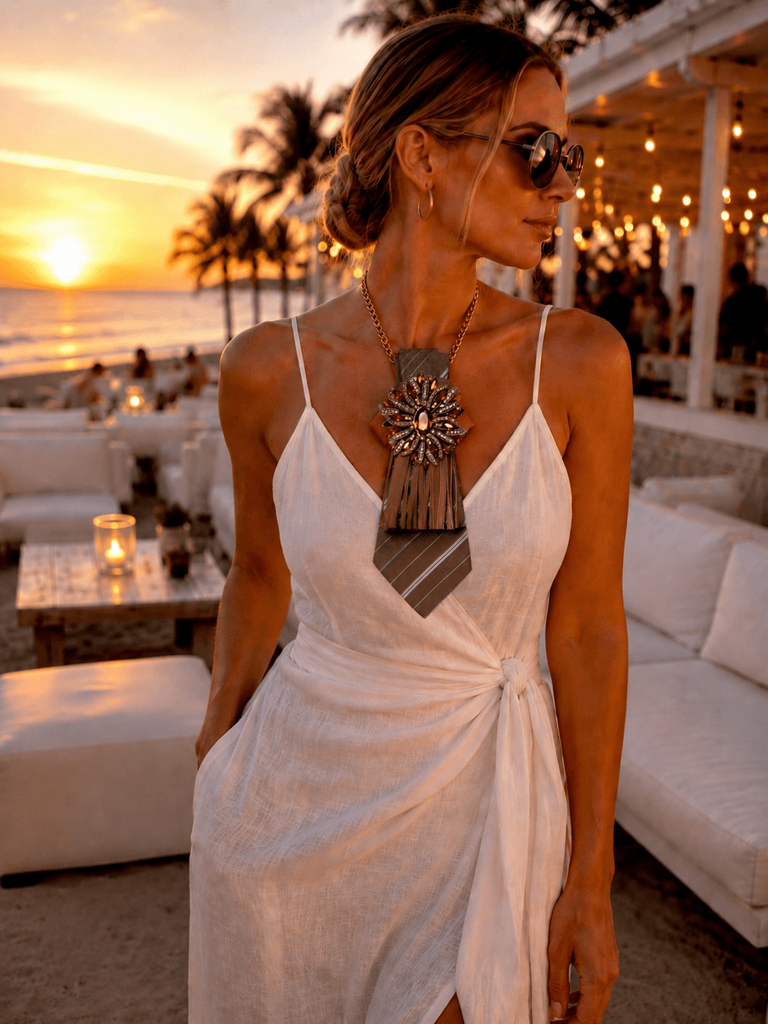 Frau in weißem Wickelkleid bei Sonnenuntergang in einer Strandbar. Sie trägt eine beige-braune Statement-Krawatte mit Lederfransen, großer Schmuckbrosche und goldfarbener Halskette. Im Hintergrund sind Palmen, Sitzbereiche und das Meer zu sehen