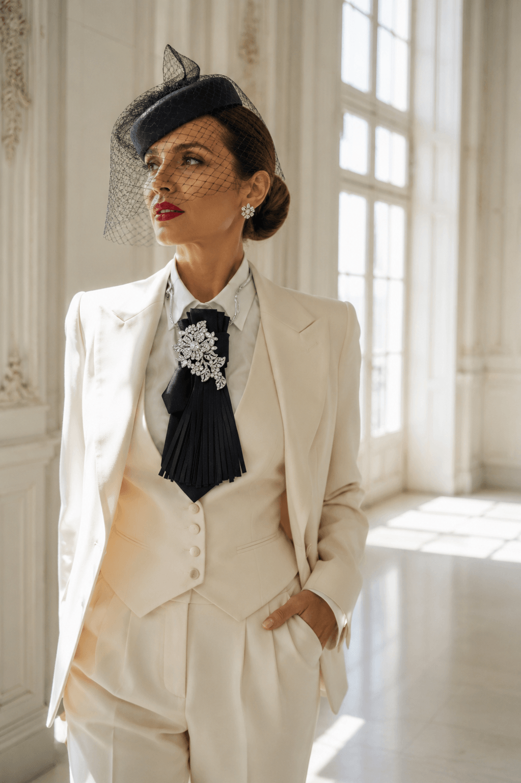 Frau in cremeweißem Hosenanzug mit passender Weste, schwarzem Fascinator mit Schleier und schwarzem Krawatten-Accessoire mit silberfarbener Schmuckbrosche im Innenraum.