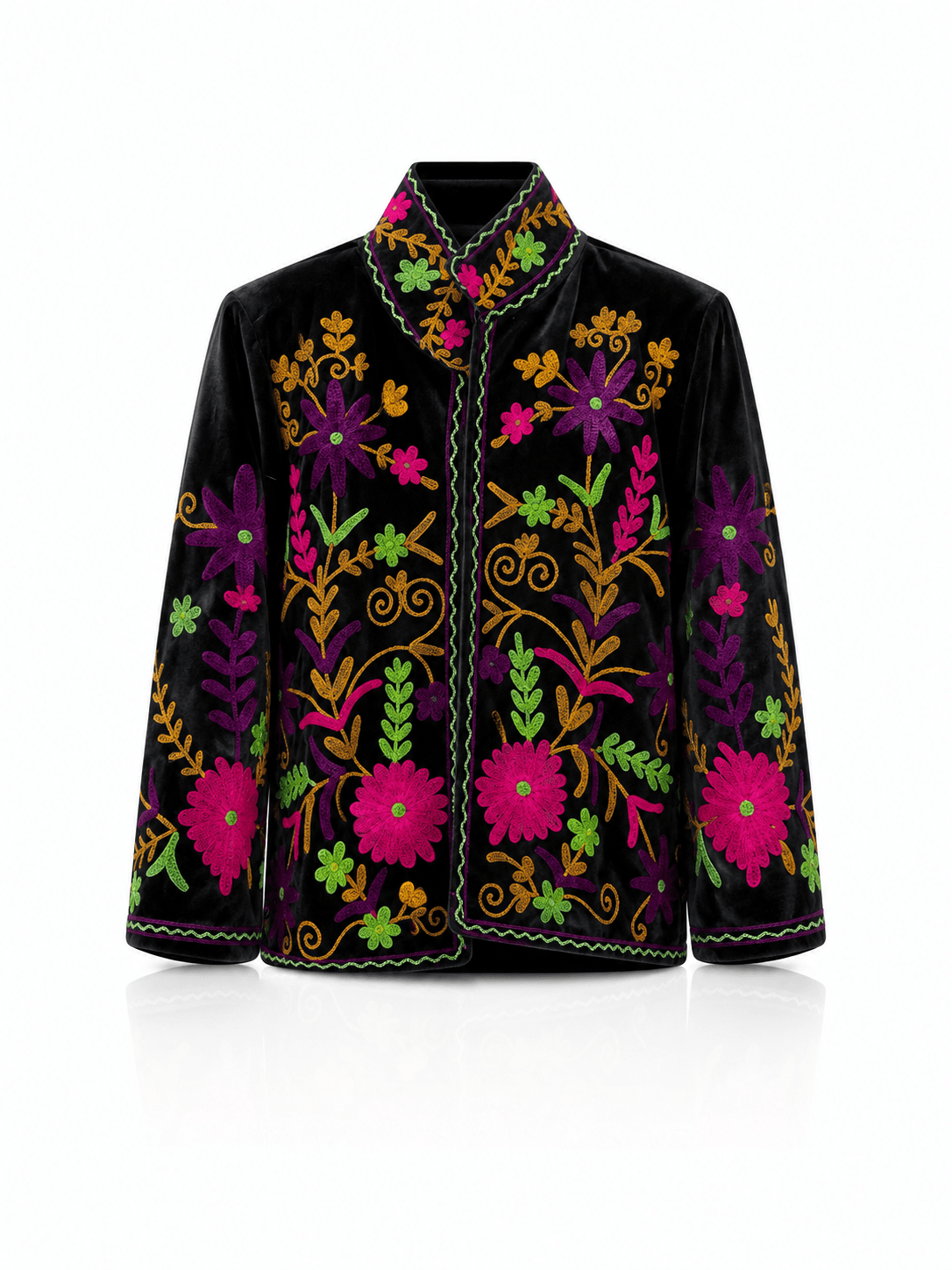 Schwarze Casa Pari Couture Jacke Black Garden mit aufwendiger floraler Stickerei in Pink, Violett, Grün und Gold, dekoriertem Stehkragen und kastigem Schnitt.