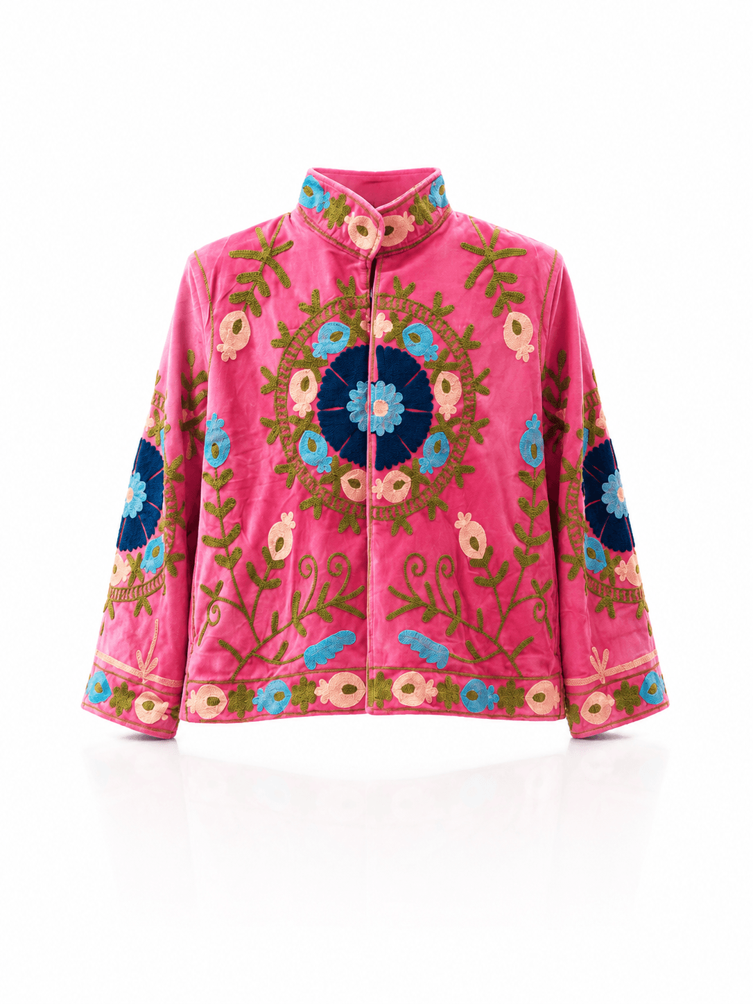 Casa Pari Couture Jacke in leuchtendem Korallpink mit aufwendiger floraler Stickerei in Dunkelblau, Türkis, Olivgrün und Creme, Stehkragen und geradem Schnitt.