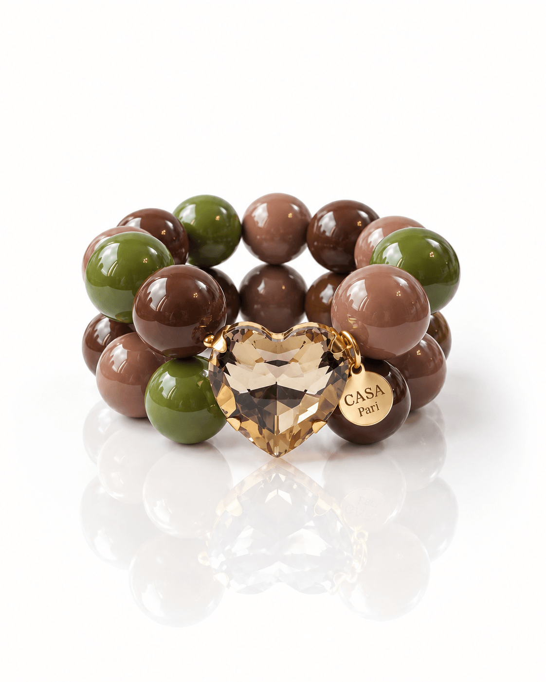 Doppelreihiges Crystal Heart Armband mit großen Resinperlen in Olivgrün, Schokobraun und Taupe sowie facettiertem Kristallherz in Champagner.