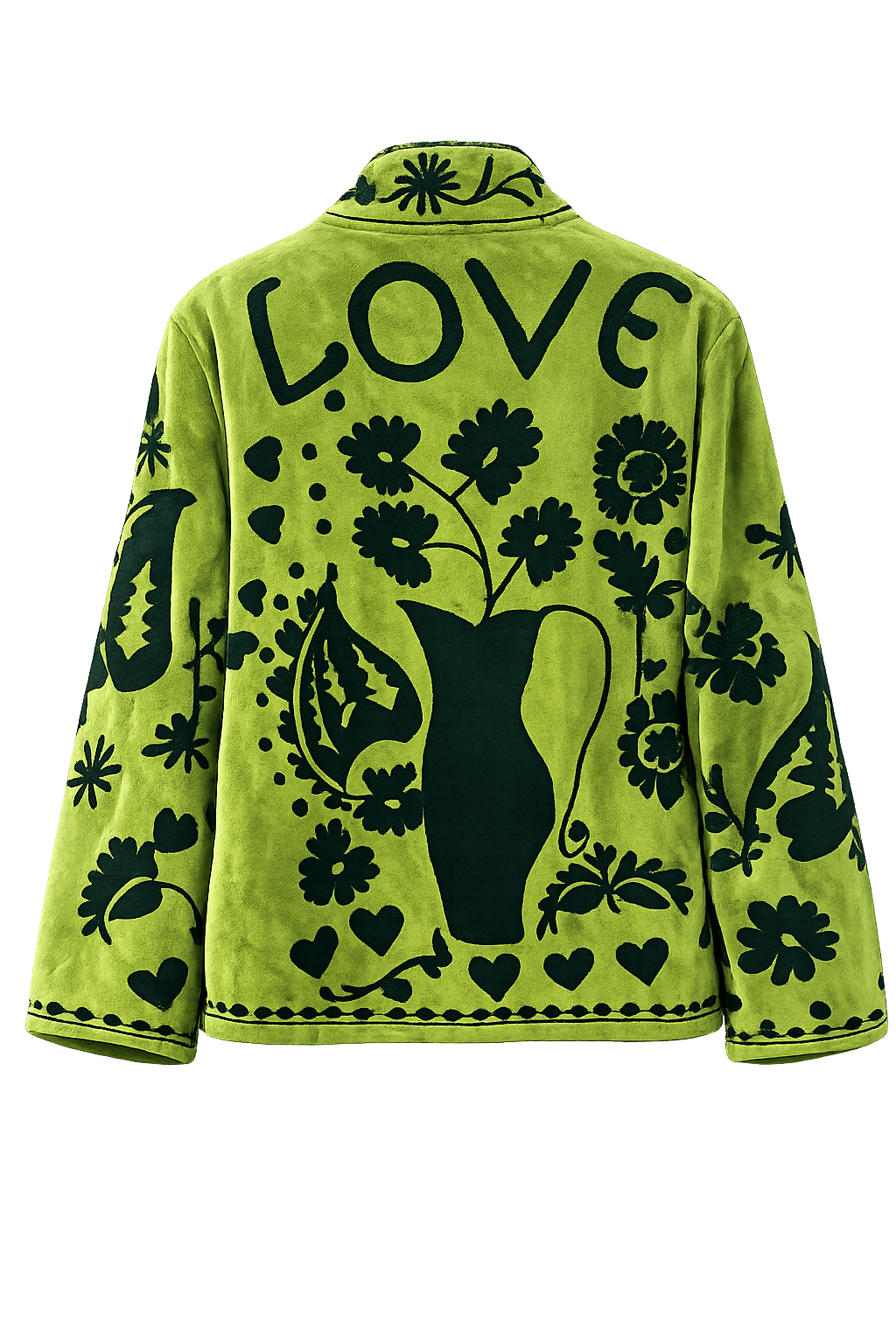 Grüne Samtjacke mit dunklem floralem Muster und Schriftzug „LOVE“ auf der Rückseite, freigestellt auf hellem Hintergrund.